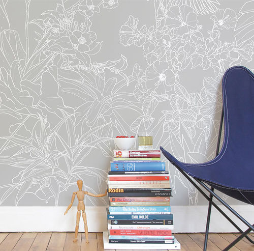 Moderne Tapete - Papier peint Jungle Tropical Fond Gris Panoramique - Ohmywall - Blumen / Naturmotiv / Panorama