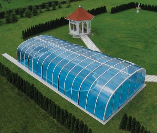 Hohe Schwimmbadüberdachung - HARMONIE - Aquacomet Kft. - Schiebe / Polycarbonat / mit manueller Bedienung