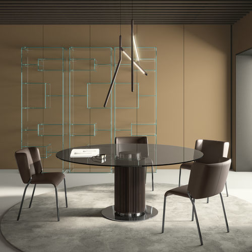 Moderner Esstisch - Hybrid - TONELLI Design - Hartglas / Gestell aus Holz / Gestell aus verchromtem Stahl
