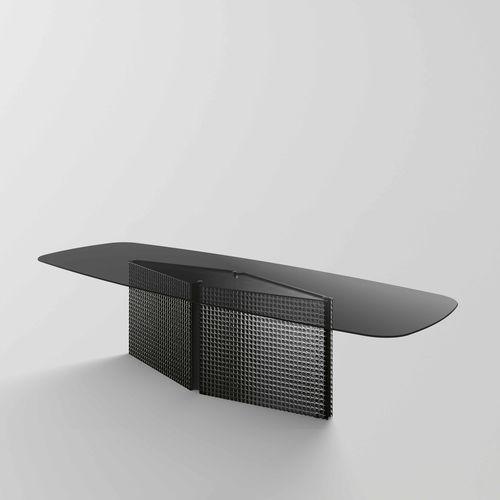 Moderner Esstisch - BOW - TONELLI Design - Hartglas / Gestell aus Stahl / rechteckig