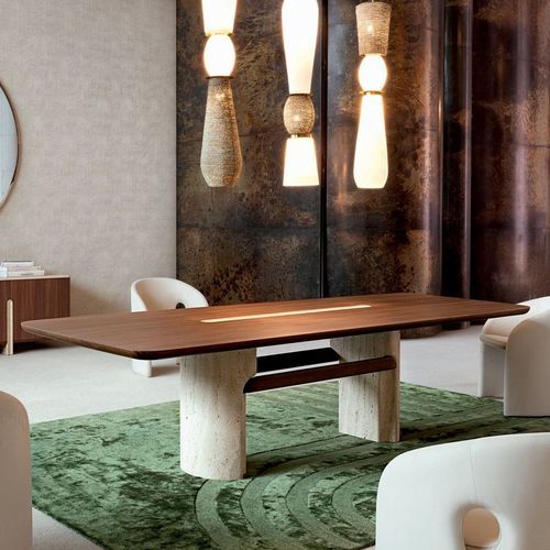 Moderner Esstisch - ROCHE BOBOIS - Holzfurnier / MDF / Gestell aus Travertin