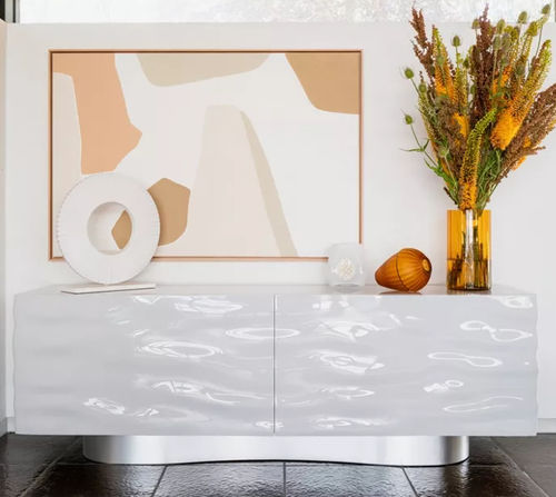 Modernes Sideboard - ICY - ROCHE BOBOIS - Acryl / gebürsteter Edelstahl / mit Schwingtür