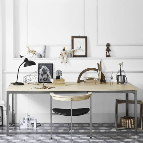 Moderner Tisch - PK51™ - Fritz Hansen - gebürsteter Edelstahl / Holzfurnier / Esche
