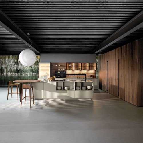 Moderne Küche - ANTIS - Euromobil spa - amerikanischer Nussbaum / Aluminium / NTM Fenix®