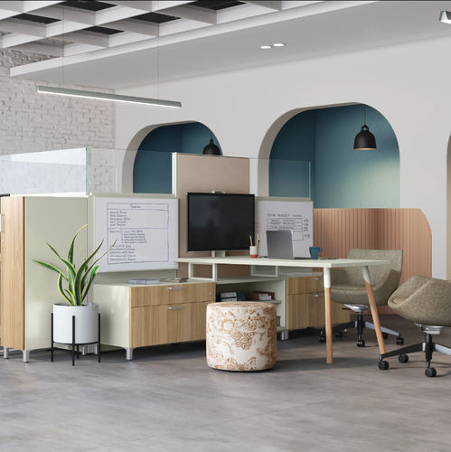 Tisch-Bürotrennwand - OPTIMIZE - Allsteel - bodenstehend / Stoff / Glas