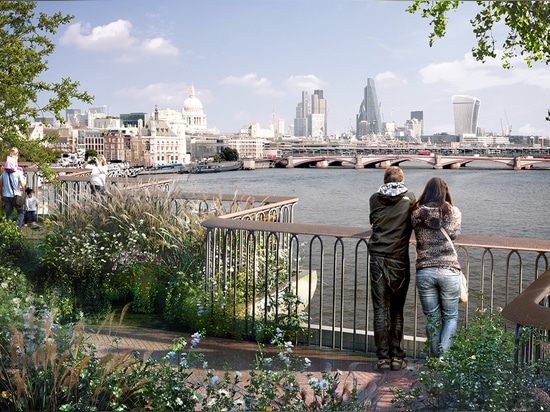 Die belaubte Brücke wird eher wie einen Garten - mit starken Gartenbauelementen - als ein Park behandelt. Bild: Arup