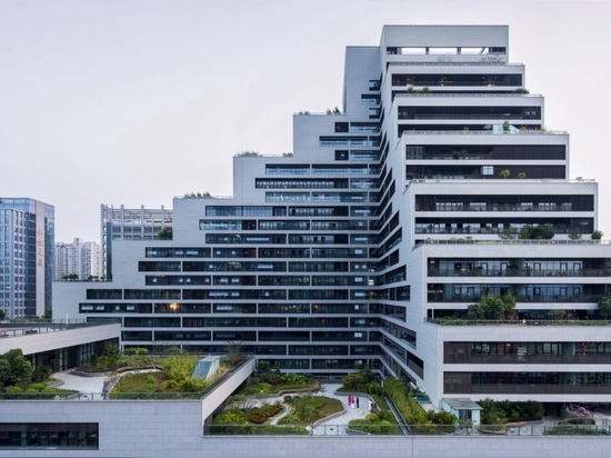 Kaskadenshenzhen-Bürogebäude gedeiht unter einem getretenen grünen Dach üppig