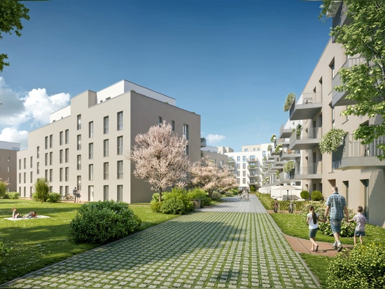 Das Wohnquartier Noltemeyer Höfe in Braunschweig zeichnet sich durch 5780 m² Retentionsdächer mit Intensivbegrünung und 2500 m² Extensivbegrünung mit Photovoltaik aus. © Schmeing Bau GmbH