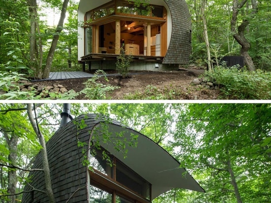 Ein kleines Haus in Form einer Muschel ist von einem japanischen Wald umgeben