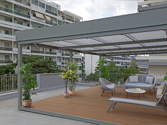 Zwischen den Betongebäuden schaffen wir eine Oase mit einer offenen, geschlossenen Pergola und einer Terrasse von Cospilouvre!!!