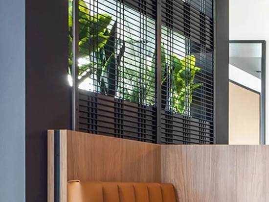 In diesem Coworking Space dient das geschweißte Drahtgitter WDZ-539 von Banker als Spalier für die Innenbepflanzung.
