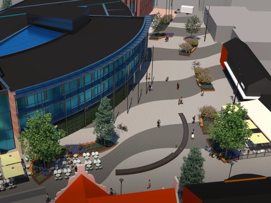 Boxmeer - Rathausplatz mit 8,3 m³ Wasserspeicher in den Pflanzkübeln