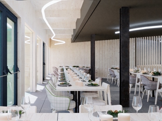 Hotel Fedora: ein Beispiel für alpine Architektur unter Verwendung von Feinsteinzeug