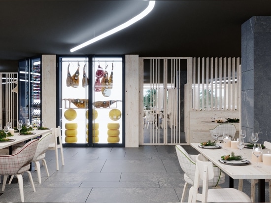 Hotel Fedora: ein Beispiel für alpine Architektur unter Verwendung von Feinsteinzeug