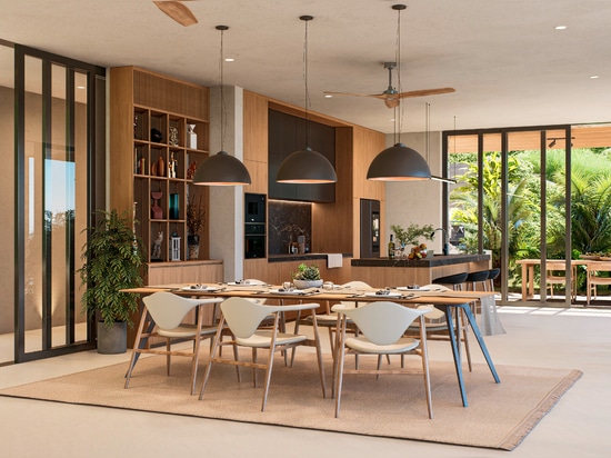 Holz-Deckenventilator „Boreas“ von Anemoi in einer Designerküche