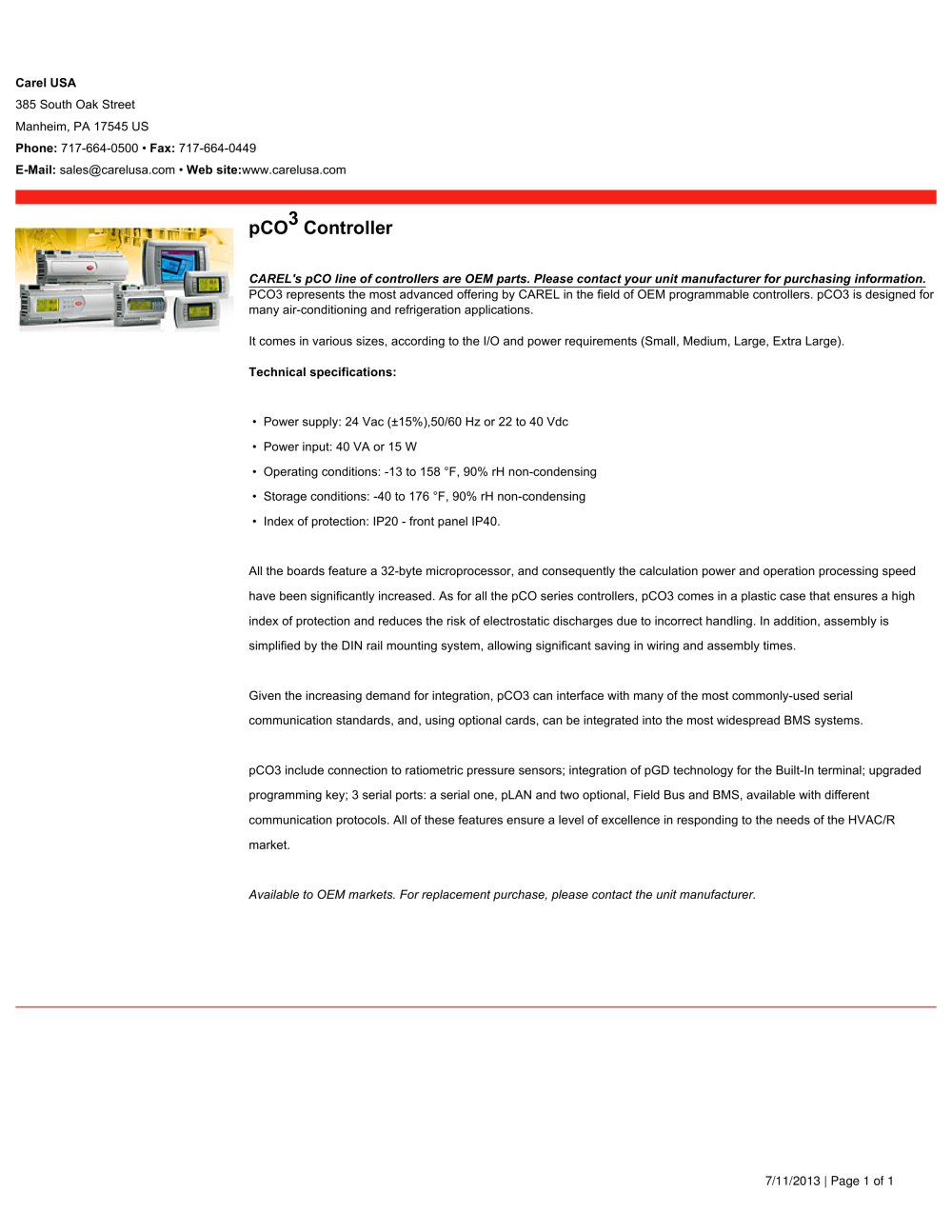 pCO3 Controller - Carel USA