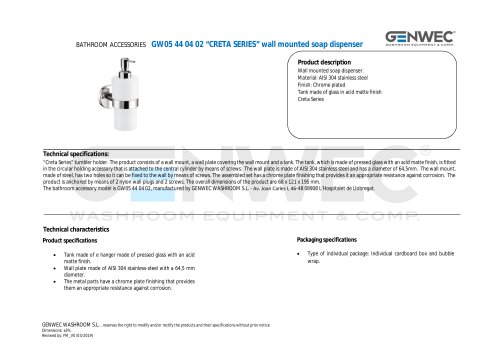 GW05 44 04 02 &ldquo;CRETA SERIES&rdquo; wall mounted soap dispenser