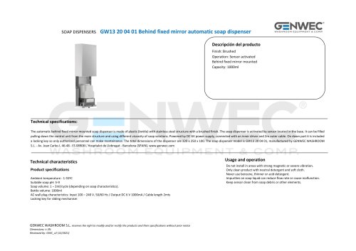 GW13 20 04 01 Behind fixed mirror automatic soap dispenser