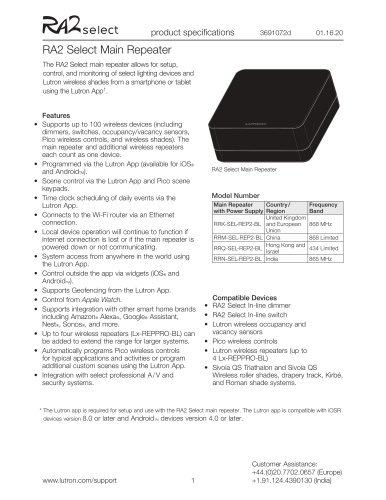 RA2 Select Main Repeater - technical sheet