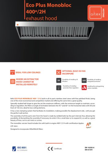 Eco Plus Monobloc 400º/2H exhaust hood