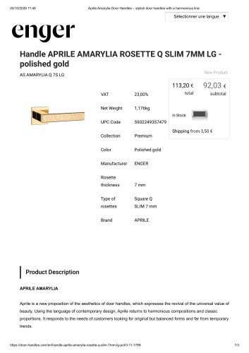 Handle APRILE AMARYLIA ROSETTE Q SLIM 7MM LG - polished gold