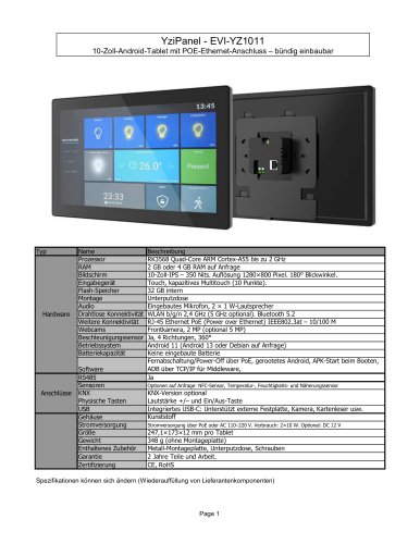 EVI-YZ1011 : 10-Zoll-Android-Tablet mit POE-Ethernet-Anschluss &ndash;b&uuml;ndig einbaubar