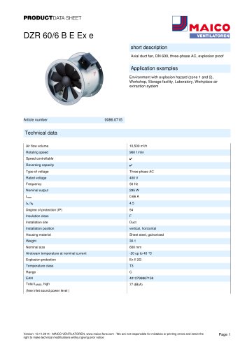 Axial duct fan DZR 60/6 B E Ex e