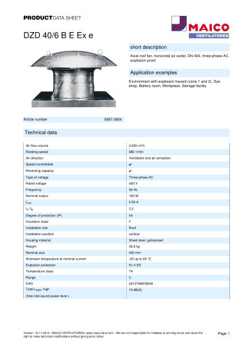 Axial roof fan DZD 40/6 B E Ex e