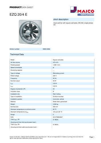 Product data sheet Axial wall fan EZQ 20/4 E