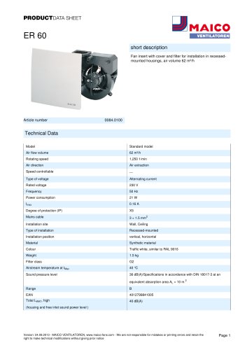 Product data sheet Fan insert ER 60