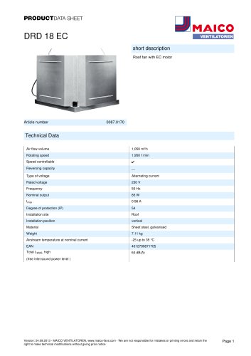 Product data sheet Roof fan DRD 18 EC