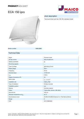 Product data sheet Small room fan ECA 150 ipro