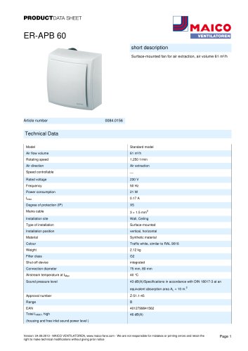 Product data sheet Surface-mounted fan ER-APB 60