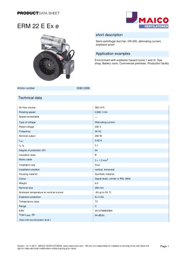 Semi-centrifugal duct fan ERM 22 E Ex e