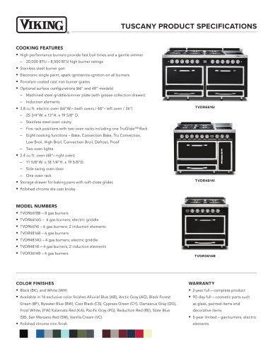 TUSCANY PRODUCT SPECIFICATIONS