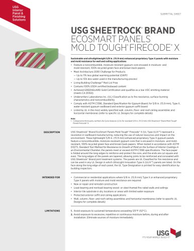 USG SHEETROCK®  BRAND ECOSMART PANELS MOLD TOUGH® FIRECODE®  X