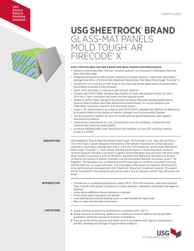 USG SHEETROCK®  BRAND GLASS-MAT PANELS MOLD TOUGH®  AR FIRECODE®  X