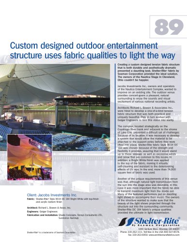 Custom designed outdoor entertainment structure uses fabric qualities to light the way