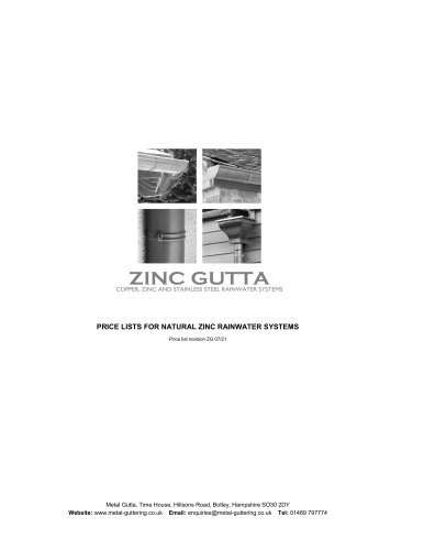 PRICE LISTS FOR NATURAL ZINC RAINWATER SYSTEMS