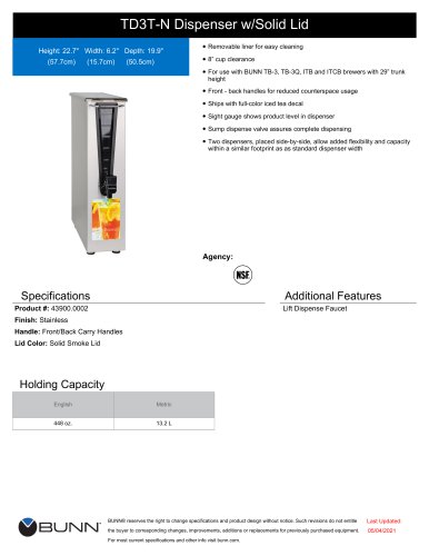 TD3T-N Dispenser w/Solid Lid