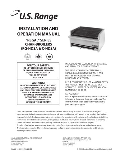 Installation/Operation Manual: All RG-HDSA & C-HDSA Series Gas Char Broilers, part #1382693